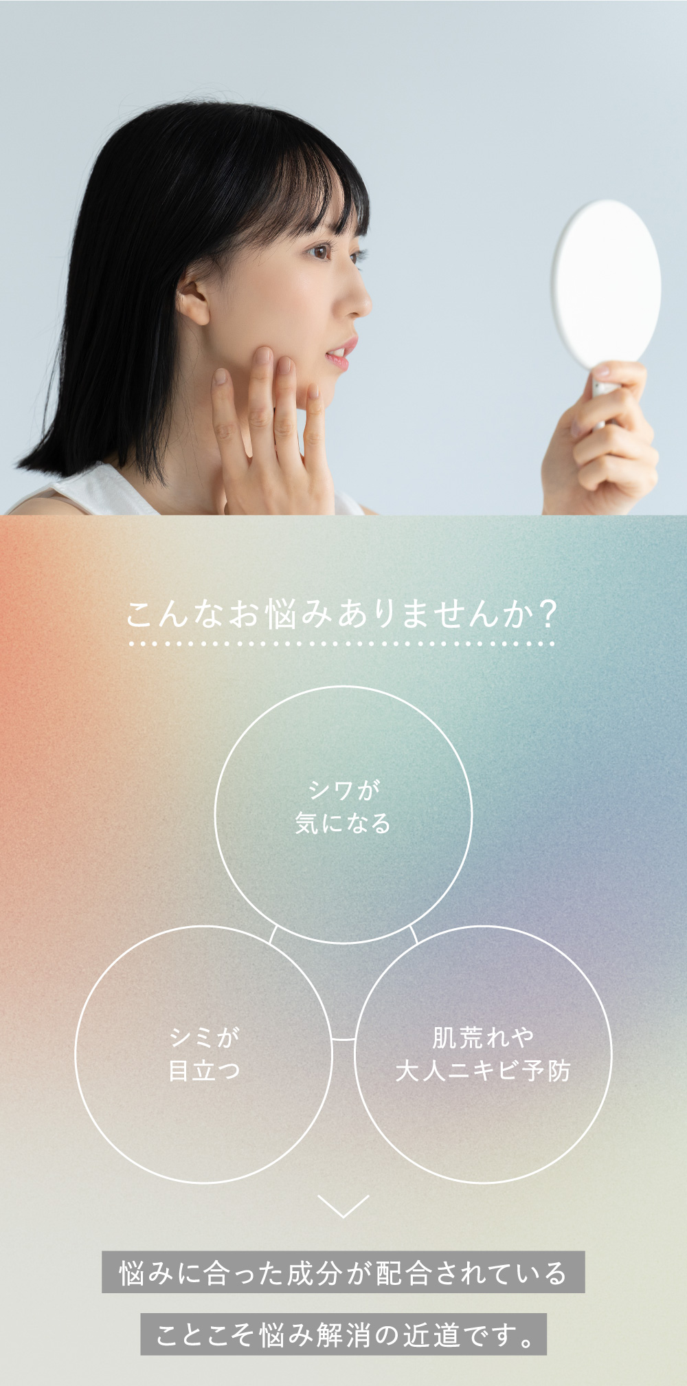 こんなお悩みありませんか？シワが気になる、シミが目立つ、肌荒れや大人ニキビ予防悩みにあった成分が配合されていることこそ悩みの解消の近道です。日本初処方、超集中ケア美容液HOREHADA